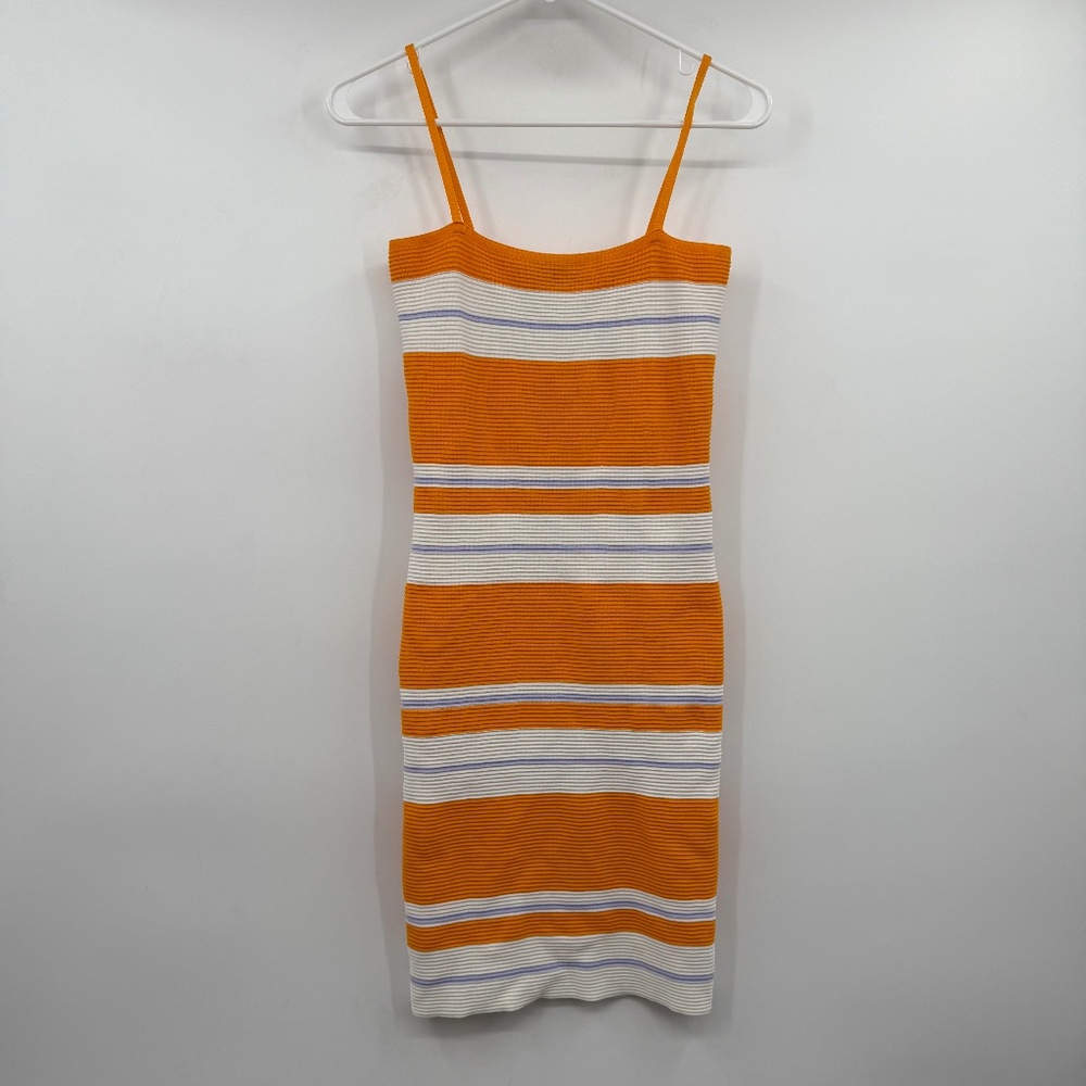 Lulus Dress Women Medium Orange White Striped Sleeveless Bodycon Mini Ribbed